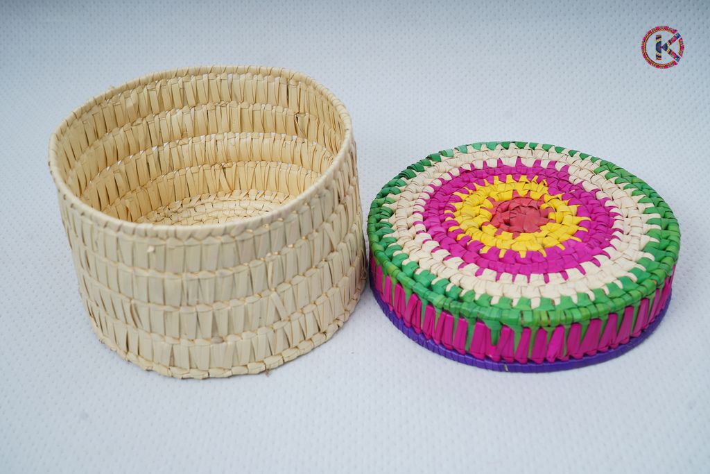 Palmleaf large Round Box with Multi Colour Lid(Hand woven | Return Gift | Navaratri)