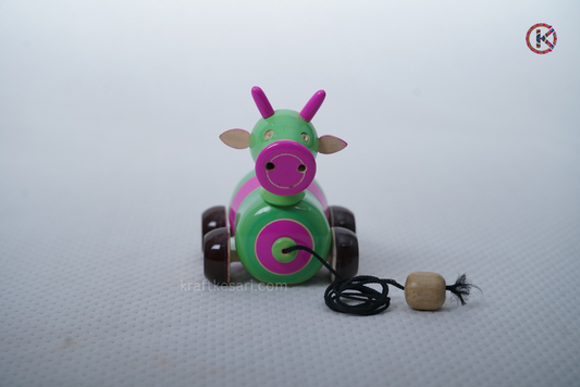 Handcrafted wooden cow pull along toy (Channapatna / Non-toxic / Gifts)