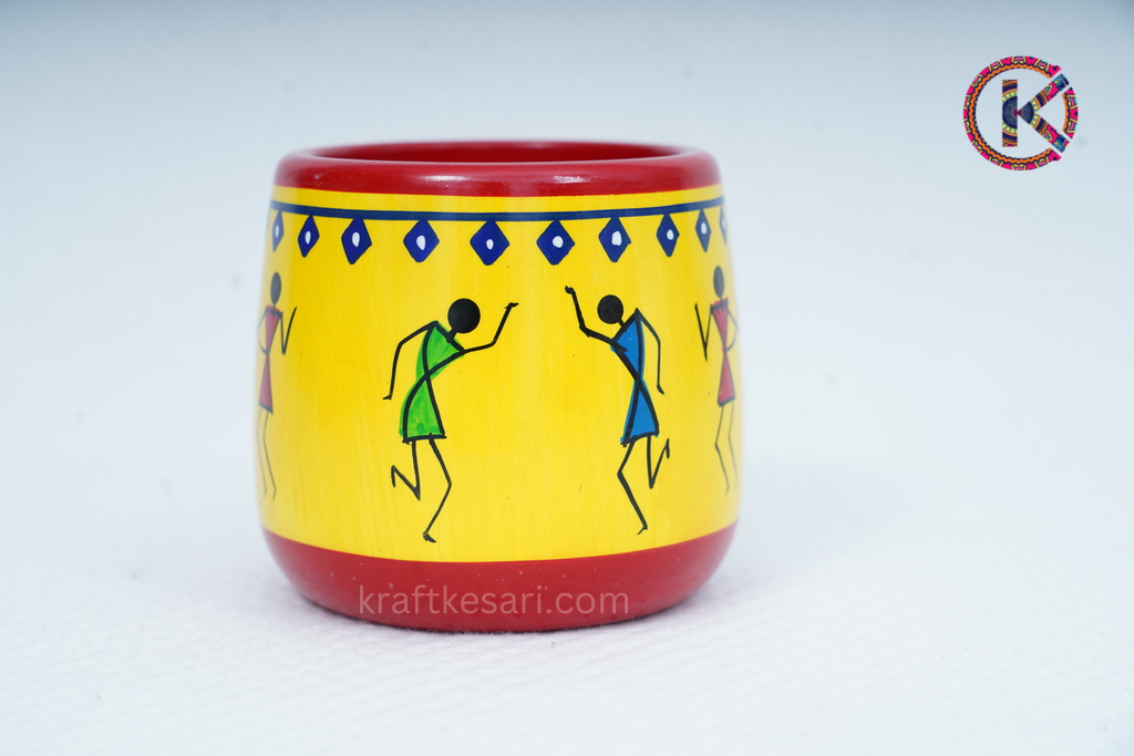 Warli theme Hand painted Wooden pen stand